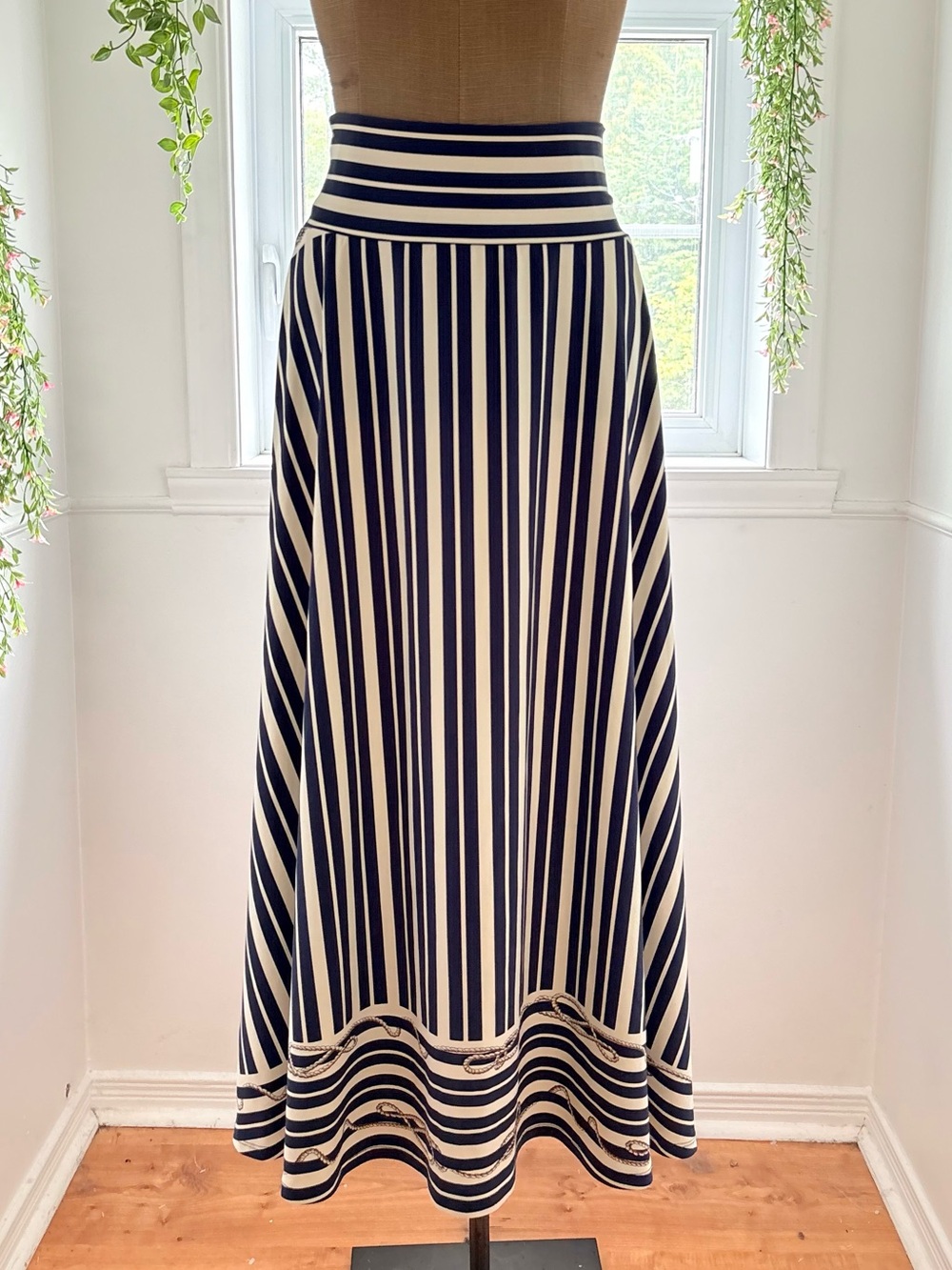 Striped Navy and Cream A-Line Midi Skirt